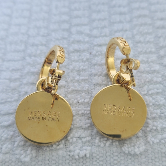 Versace Gold Tone Crystal La Medusa Greca Drop Earrings - Picture 5 of 6